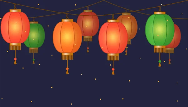 Lanterna cinese ghirlanda, colorato asiatico tradizionale catena di lampade di carta su sfondo scuro, fata luci con scintille, piè di pagina e banner per la decorazione, illustrazione vettoriale — Vettoriale Stock