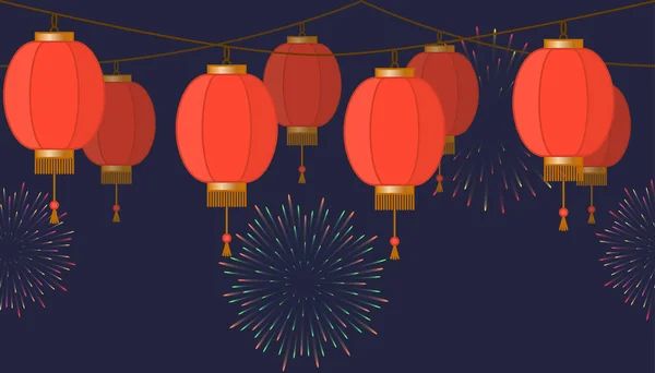 Grinalda com corrente de lanterna chinesa, vermelho asiático lâmpadas de papel tradicionais no fundo escuro, luzes de fadas com fogos de artifício, rodapé e banner para decoração, ilustração vetorial —  Vetores de Stock