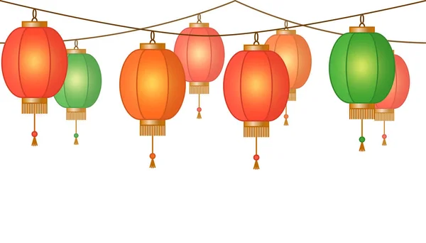 花环与中国灯笼链 红色亚洲传统纸灯无背景 仙女灯 页脚和横幅装饰 矢量插图 — 图库矢量图片