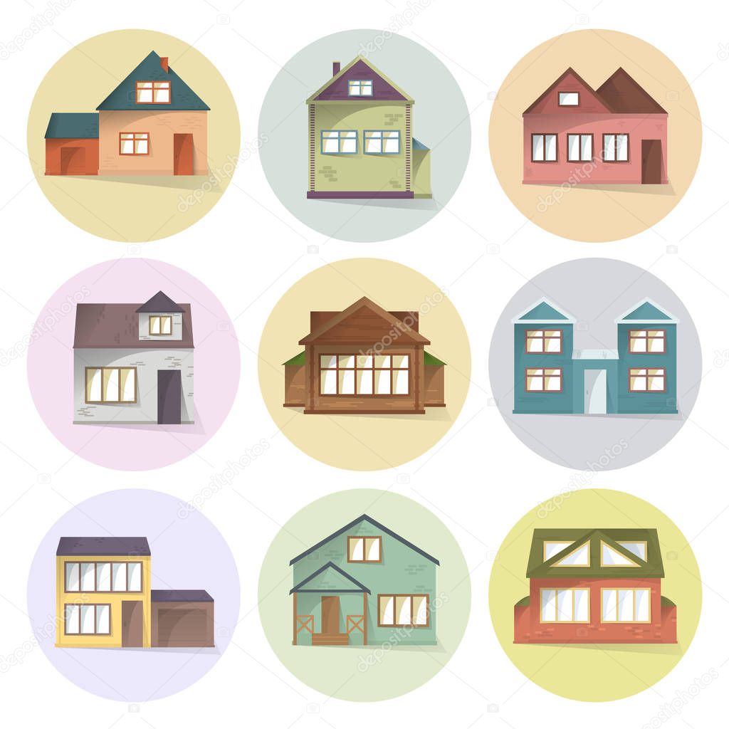 House icons set, different type of houses, building facades, semi flat style with shadows, vector