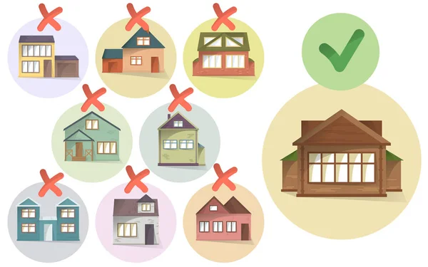 Choisir la bonne maison pour vivre, comparer différentes maisons et propriétés, faire un choix, sélectionner et cocher la maison, vecteur — Image vectorielle