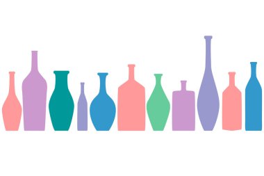 Bir satır, şişe toplama, yatay düz dekorasyon, vektör farklı tip içinde parlak renkli şişe