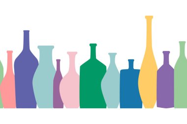 Bir satır, şişe toplama, yatay düz dekorasyon, vektör farklı tip içinde parlak renkli şişe
