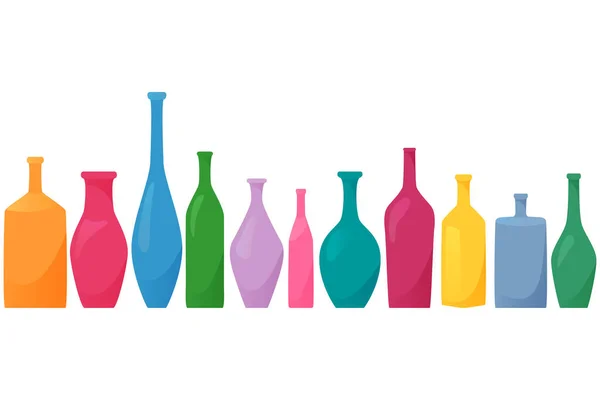 Bright Colored Bottles Row Different Type Bottles Collection Horizontal Flat — Stock Vector