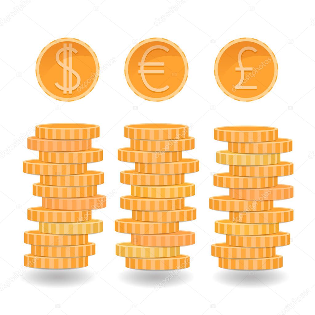 Coins stacks, dollar, euro, pound coins, different currencies, vector money illustration, golden coins metal money rouleau