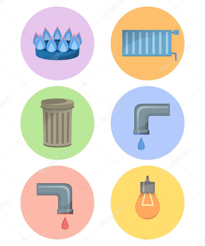 Different types of utilities, facilities icon set, municipal services vector illustration, cold and hot water, trash, gas, electricity, heating
