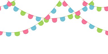 Sorunsuz garland kutlama bayrakları zinciri, pembe, mavi, yeşil pennons arka plan, altbilgi ve dekorasyon, eps 10 için banner olmadan yuvarlak.