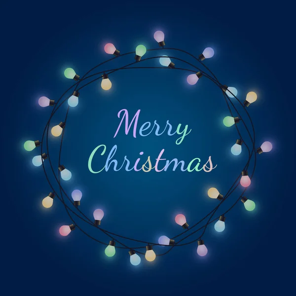 白熱電球のガーランド 装飾的な色ランプ ガーランド 素敵なグリーティング カード ベクトル図でメリー クリスマス サイン — ストックベクタ