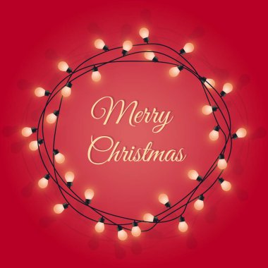 Neşeli Noel işaretiyle parlayan lamba çelenk, dekoratif ampul garland, tebrik kartı, illüstrasyon vektör