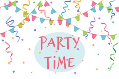 Parti saat işareti konfeti ve bayraklar, neşeli duvar kağıdı, dekorasyon vektör çizim ile serpantin arka plan üzerinde