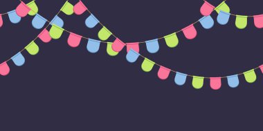 Sorunsuz garland kutlama bayrakları zinciri, pembe, mavi, yeşil pennons koyu arka plan, altbilgi ve dekorasyon için afiş üzerinde yuvarlanır.