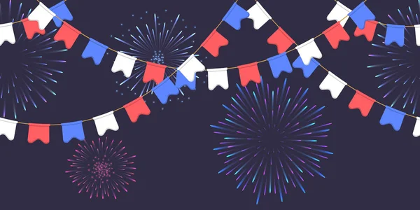 Az ünnepség zökkenőmentes garland zászlók lánc, fehér, kék, piros pennons és tisztelgett a sötét háttér előtt, a láblécet és a banner fireworks — Stock Vector