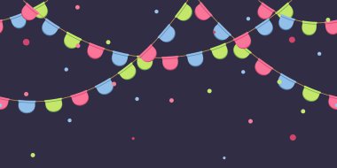 Zinciri, pembe, mavi, yeşil pennons ile koyu arka plan, altbilgi ve dekorasyon için banner konfeti kutlama ile sorunsuz garland bayraklar