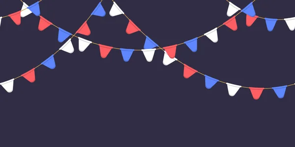 Nahtlose Girlande mit Festflaggenkette, weiß, blau, rote Wimpel auf dunklem Hintergrund, Fuß und Banner zur Dekoration — Stockvektor