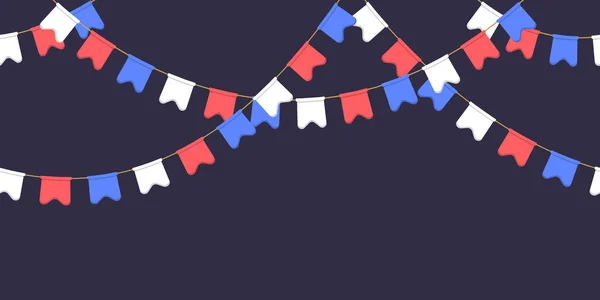 Nahtlose Girlande mit Festflaggenkette, weiß, blau, rote Wimpel auf dunklem Hintergrund, Fuß und Banner zur Dekoration — Stockvektor