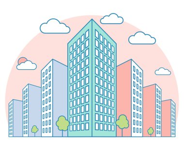 Güzel şehir manzaralı yüksek binalar, bulutlar, ağaçlar ile gün batımı, modern konut ve kiralık ev, doğrusal anahat stili, vektör kavramı