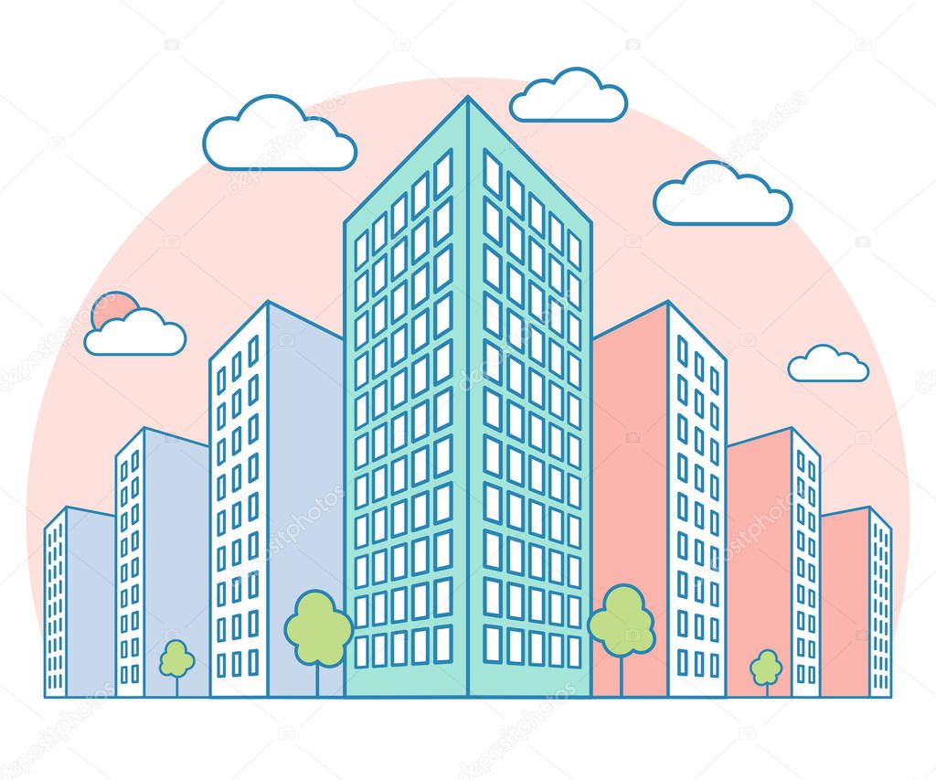 Nice city landscape view with high buildings, clouds, trees on sunset, modern residential and tenement house, linear outline style, vector concept