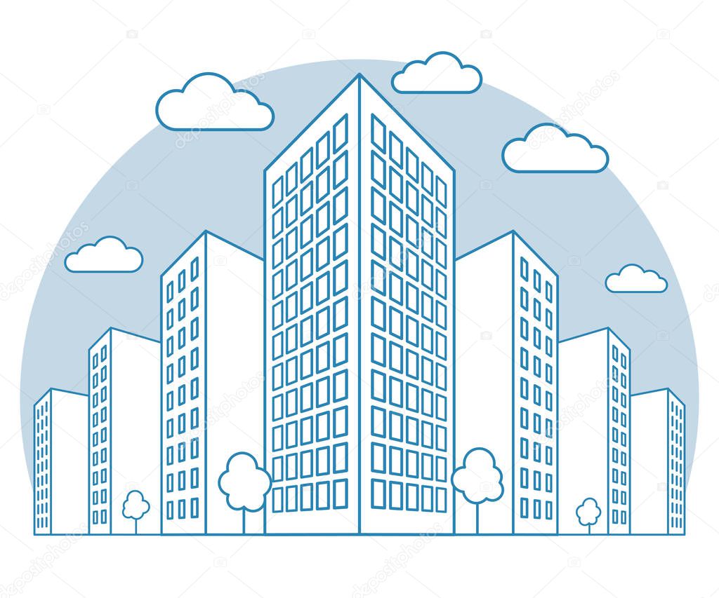 City view with high buildings, clouds, trees, landscape with street blocks, modern residential and tenement houses, linear outline style, vector concept