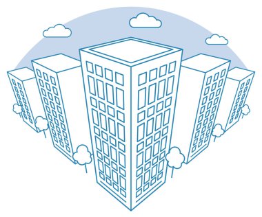 Şehir Manzaralı yüksek binalar, bulutlar, ağaçlar, manzara sokak sokak, modern konut ve kiralık ev, doğrusal anahat stili, vektör kavramı ile