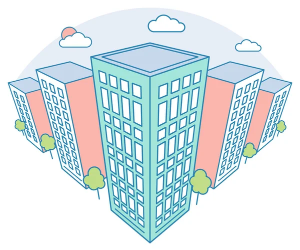 Schöne Stadtlandschaft mit hohen Gebäuden, Wolken, Bäumen, modernem Wohn- und Mietshaus, linearem Umrissstil, Vektorkonzept — Stockvektor