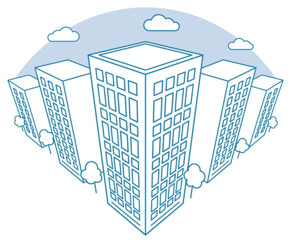 Stadtansicht mit hohen Gebäuden, Wolken, Bäumen, Landschaft mit Straßenblocks, modernen Wohn- und Mietshäusern, linearem Umrissstil, Vektorkonzept — Stockvektor