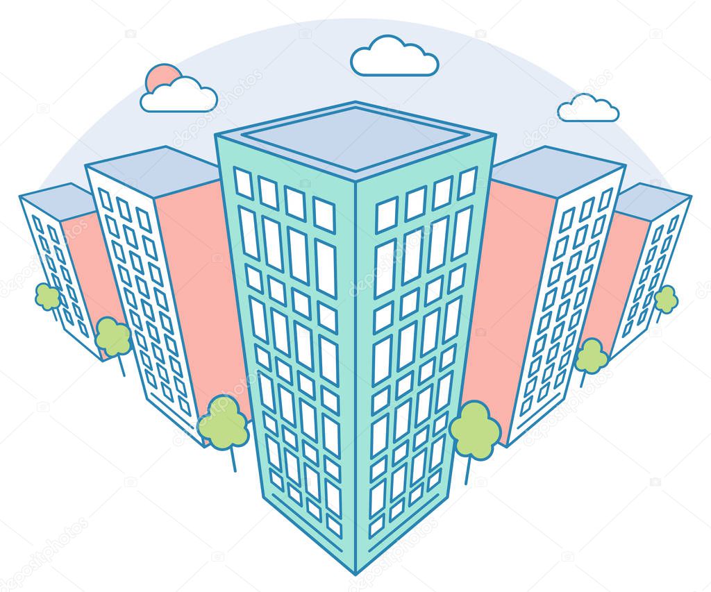 Nice city landscape view with high buildings, clouds, trees, modern residential and tenement house, linear outline style, vector concept