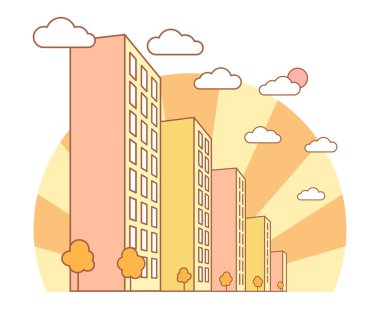 Yüksek binalar, bulutlar, portakal ağacı, sonbahar yatay, sokak sokak, modern konut ve kiralık ev, doğrusal anahat stili, vektör kavramı ile sonbahar şehir manzaralı