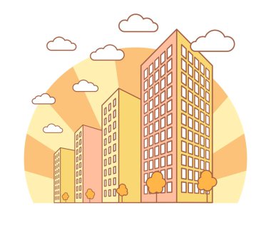 Yüksek binalar, bulutlar, portakal ağacı, sonbahar yatay, sokak sokak, modern konut ve kiralık ev, doğrusal anahat stili, vektör kavramı ile sonbahar şehir manzaralı