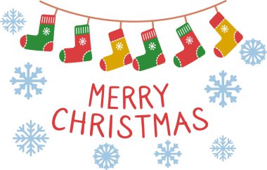 Neşeli Noel işaretiyle çorap garland ve kar taneleri, tebrik kartı, illüstrasyon vektör