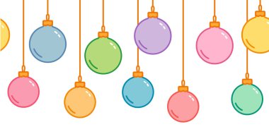 Dekoratif çelenk, arka plan, başlık ve altbilgi şablonu, anahat sanat olmadan kesintisiz yatay kalıp Noel topları