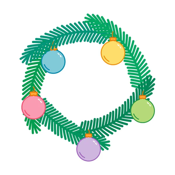 Couronne décorative de Noël et Nouvel An avec boules colorées, cadre de sapin de Noël, art linéaire, illustration vectorielle naïve — Image vectorielle