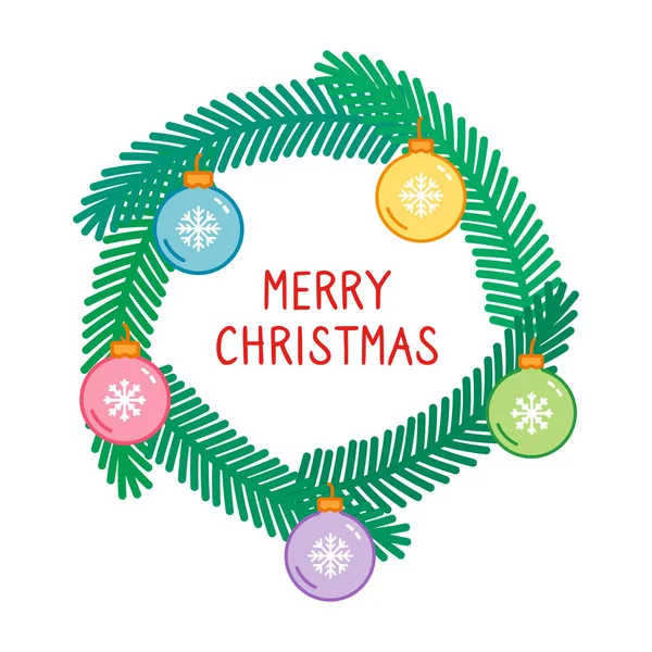 カラフルなボール、クリスマス ツリーのフレーム、線形の芸術、素朴なベクトル図と装飾的な花輪のメリー クリスマス サイン — ストックベクタ