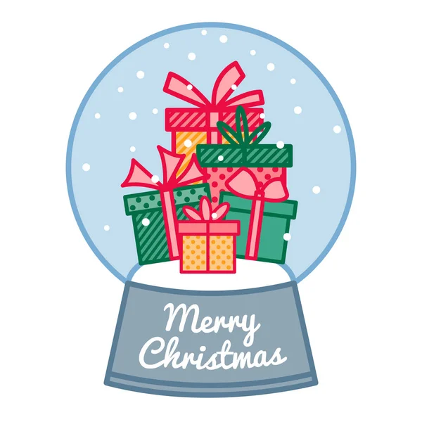 カラフルなギフト ボックスに記号メリー クリスマス クリスマス雪だるま、新年は、クリスタル ボール、ベクトルの線形アート — ストックベクタ