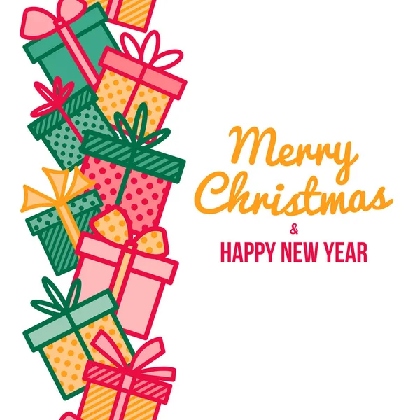 ギフト包装やプレゼント ボックス、アウトライン ベクトルのシームレスな垂直装飾でメリー クリスマスと幸せな新年のグリーティング カード — ストックベクタ