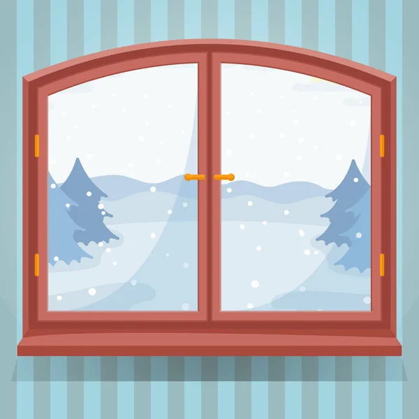 Снег зимний вид на открытом воздухе в деревянном окне, зимний пейзаж с еловыми деревьями через окно, загородный дом или коттедж в иллюстрации природы — стоковый вектор