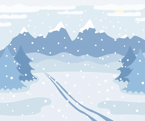 Zasněžené zimní hory krajina s trať na sněhu, smrků, lesů a kopců, zimní venkovní pohled s trasování, ilustrace příroda krajina — Stockový vektor