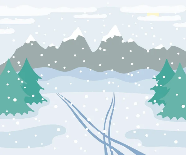 Montañas nevadas de invierno paisaje con pistas de esquí en la nieve, abetos, bosques y colinas, vista al aire libre de invierno con rastros, naturaleza rural ilustración — Vector de stock