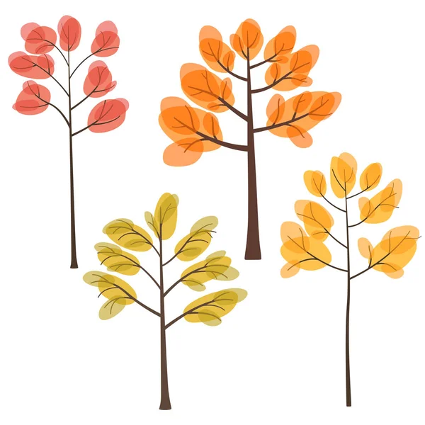 Ensemble d'arbres d'automne avec des feuilles jaunes, orange et rouges, des arbres en automne, style plat — Image vectorielle