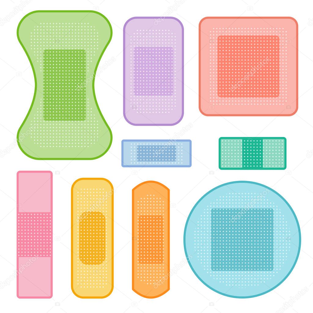 Set of colorful medical plasters, band aid collection, vector isolated objects