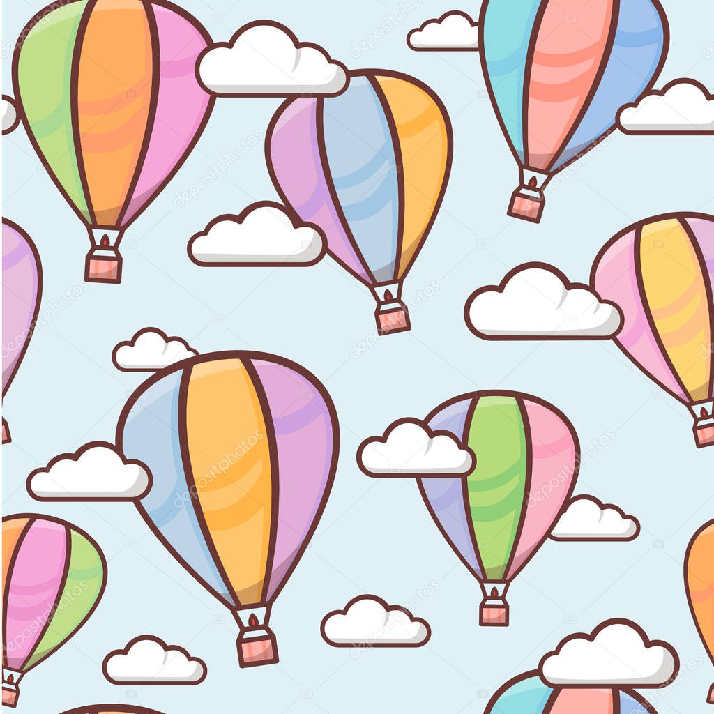 Seamless pattern with colorful outline balloons in the sky with clouds, naive and simple background, vector illustration for children