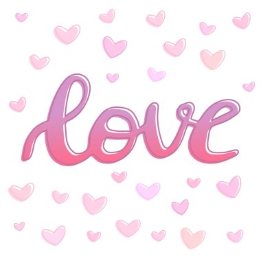 Sevgi sözcüğü el ile anahat ve kalpleri, fırça hat sanatı taklit, metin tasarım afiş, pembe için çizilmiş yazı kalpleri arka plan ile izole işareti renkli vektör