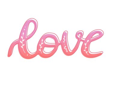 Aşk kelime elle çizilmiş anahat ve çiçek dekorasyon ile yazı, fırça Hat İmitasyon, metin tasarım için afiş, pembe renkli arka plan olmadan izole işareti, vektör