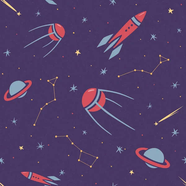 Seamless space pattern for kids with stars, rocket, constellation, satellite, comet and planets in cartoon style, children background, purple vector wallpaper — Stockvector