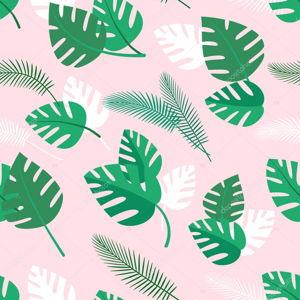 Seamless pattern with palm leaves, summer background with tropical plants, simple wallpaper, vector, eps 10
