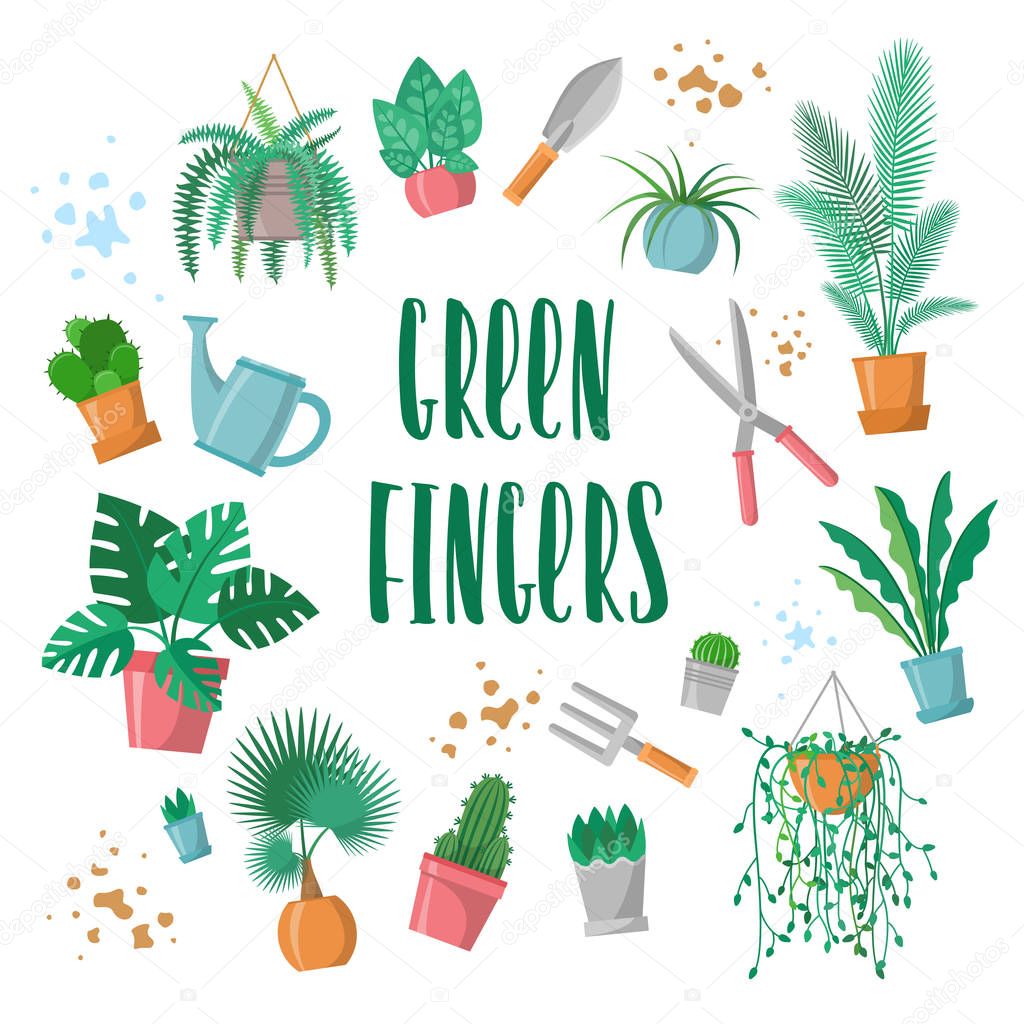 Green fingers sign with garden tools, home plants and mud, phrase for plants lovers, scissors, fork, trowel, watering pot, palm, cactus, fern, vector