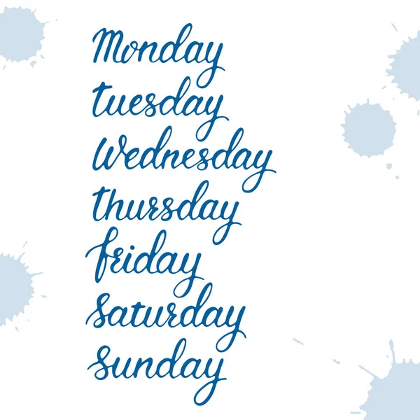 Dagar i veckan, handskrivna tecken set, måndag, tisdag, onsdag, torsdag, fredag, lördag, söndag i kalligrafisk stil, veckodag bokstäver, text design för planerare och kalender, vektor — Stock vektor