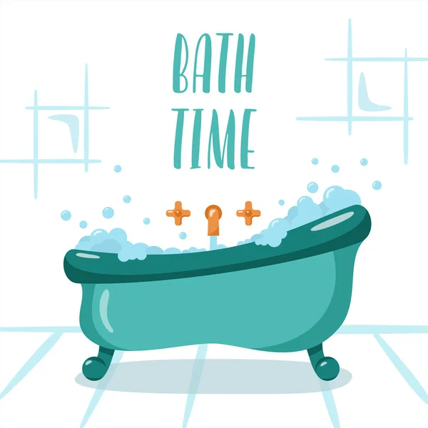 Cuarto de baño en estilo plano con signo de tiempo de baño, pestaña de baño con burbujas de espuma y jabón, ilustración vectorial y letras — Archivo Imágenes Vectoriales
