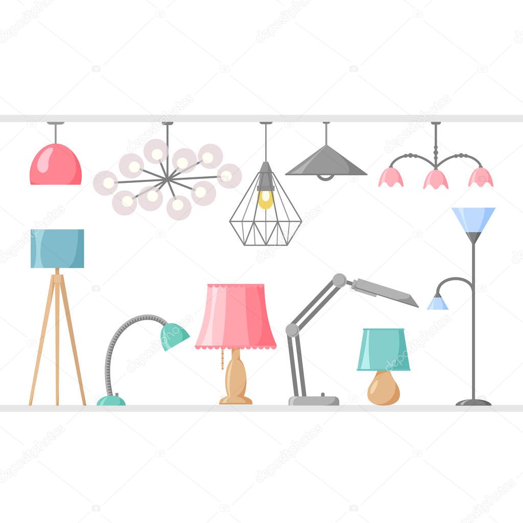 Different lamp set, chandelier and spotlight collection, vector illustration in flat style