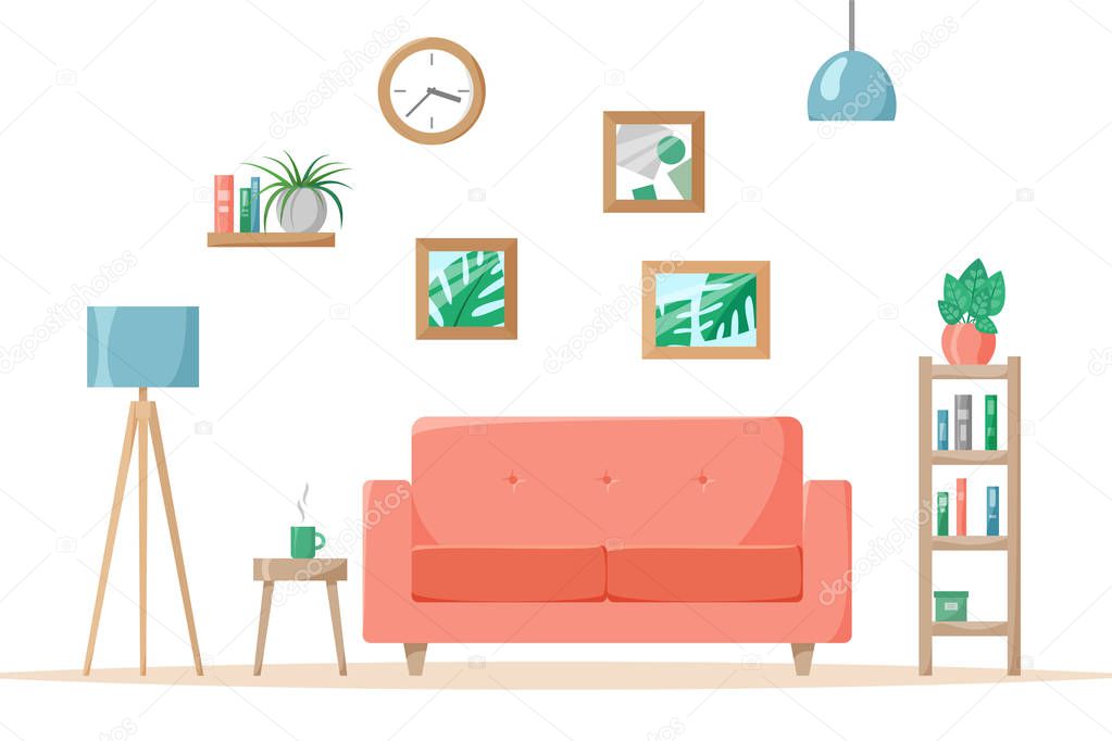 Living room in flat style, home illustration with sofa, lamp, house plants in pots, books on shelves, vector