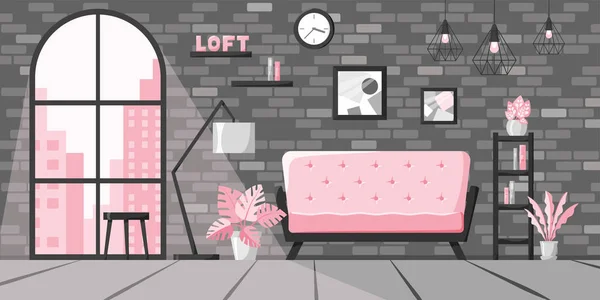 Moderne woonkamer in platte stijl, Loft interieur concept, City appartement met groot raam en bakstenen muur. Home vector illustratie met sofa, lamp, boeken op plank, klok, planten in roze en grijs kleuren — Stockvector